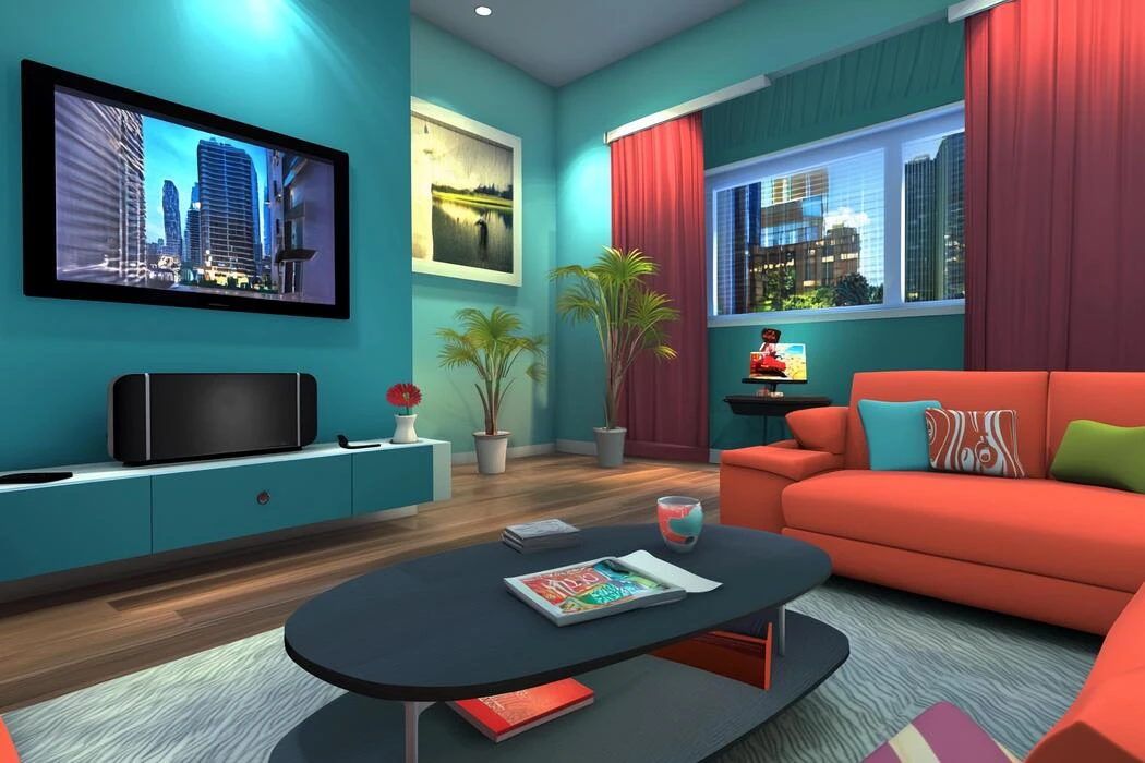 Bold colorful living room with orange furniture